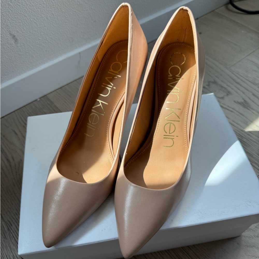Calvin Klein Taupe Pointed-Toe Leather Pumps